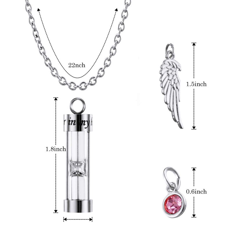PREKIAR Cremation Urn Necklace for Ashes Time Hourglass Memory Jewelry Pendant Keepsake with Angel Wing and 12 Birthstones Forever In My Heart (Silver hourglass) - Image 2